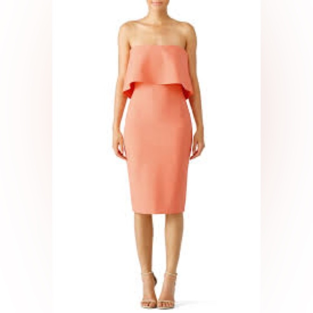 NEW LIKELY Briggs peach crepe off the shoulder midi dress.